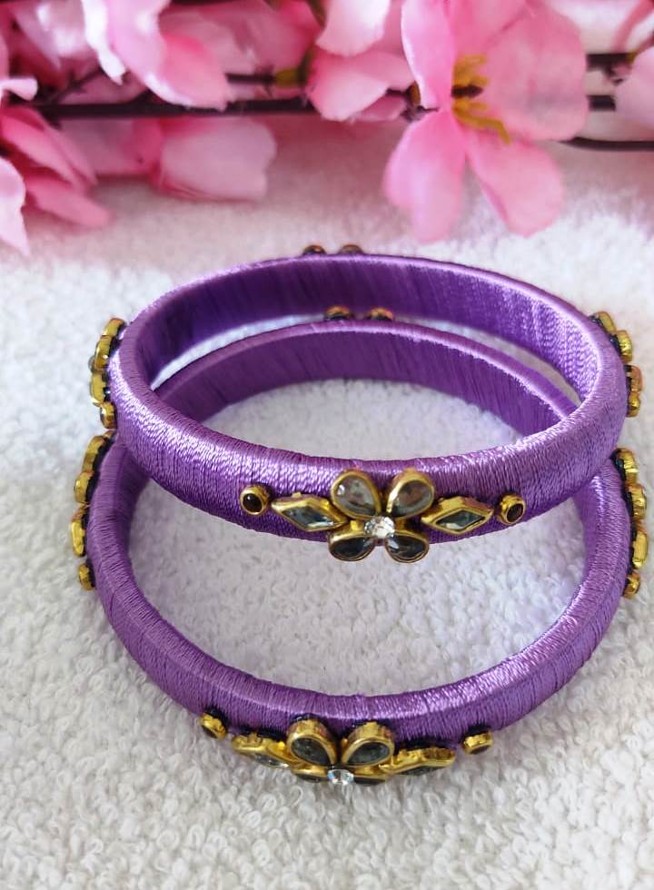 Purple Silk Thread Bangle Set with Rhinestone Flower Design - Bangles & Bracelets | Buy online on ZillyBuy