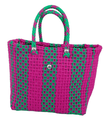 Small Handwoven Market Tote Bag with Green Handles