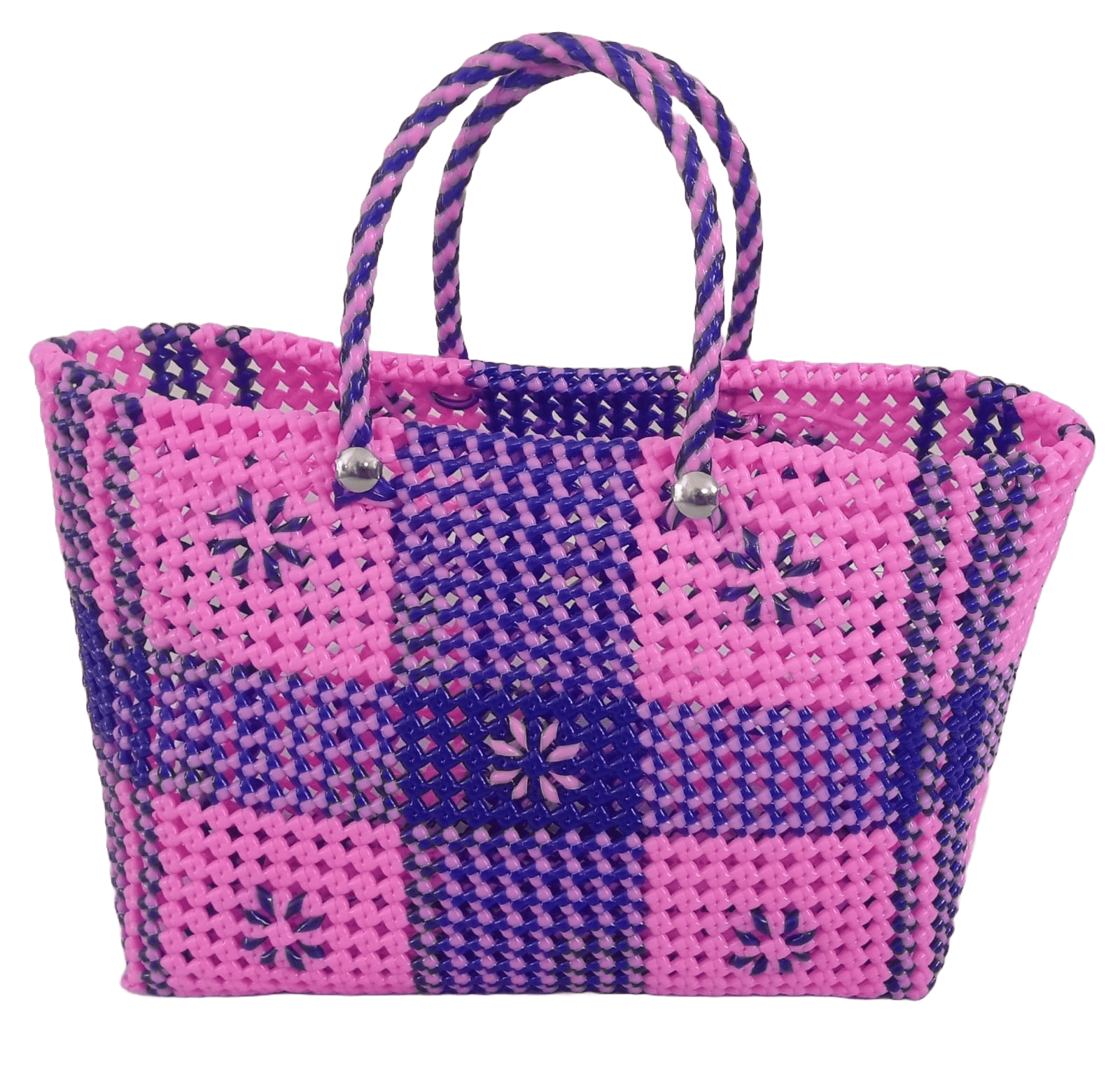 Handmade pink and blue crochet market tote bag