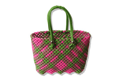 Handmade pink and green plastic tote bag Handmade pink and green plastic tote bag