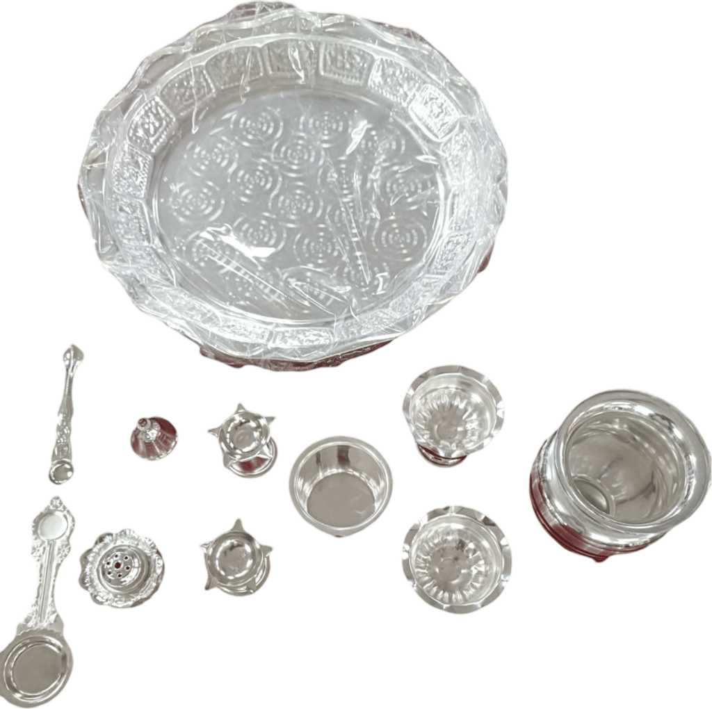 Silver-Plated German Silver Pooja Thali Set with 11 Items - Pooja Needs | Buy online on ZillyBuy