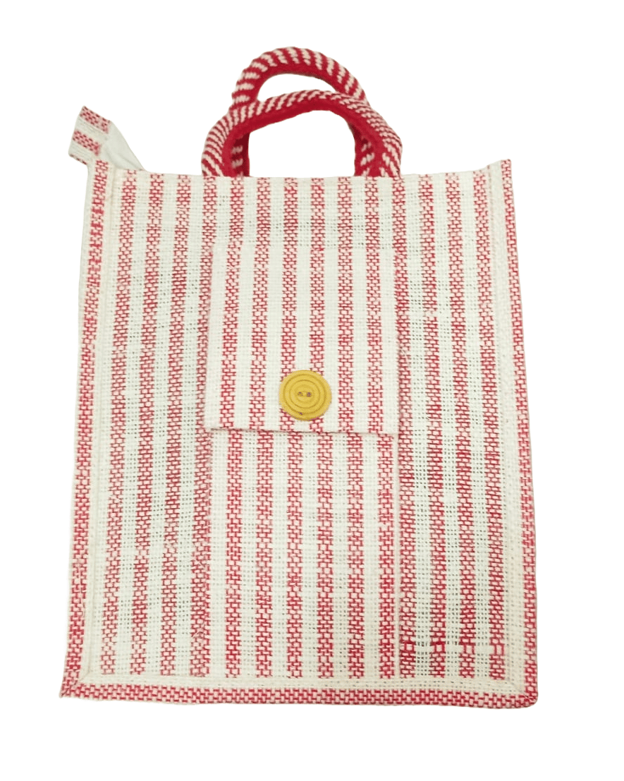 Red and White Striped Jute Bag with Button Closure