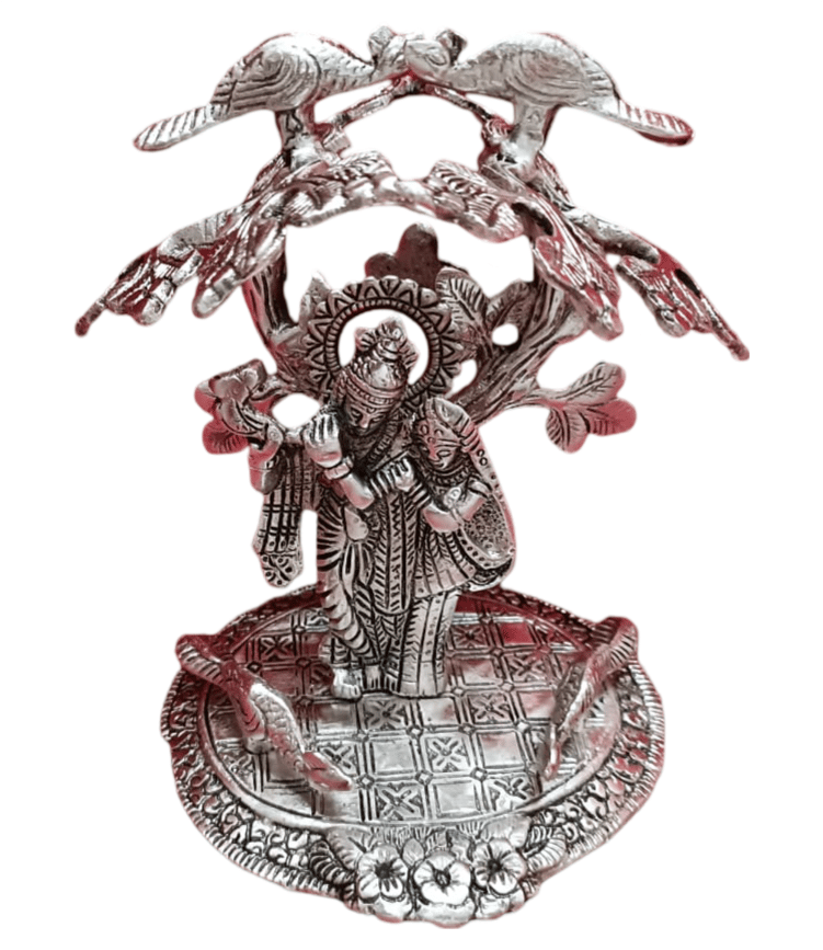 "German Silver-Plated Radha Krishna Idol with Tree and Peacocks"