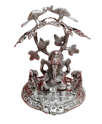 "German Silver-plated गणेश जी की मूर्ति with Tree and Birds"