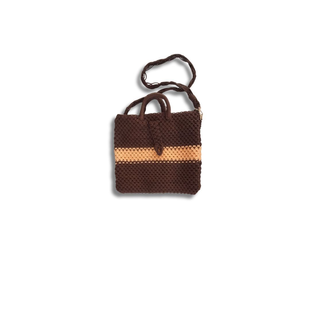 Handmade Crochet Bag with Brown and Cream Stripes