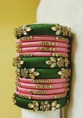 Pink and Green Silk Thread Bangle Set with Kundan Stones