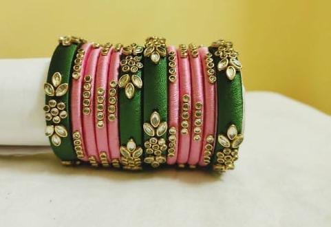Pink and Green Silk Thread Bangle Set with Kundan Stones
