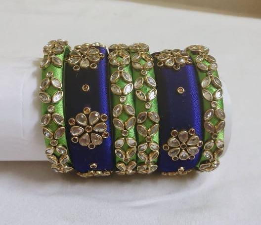Green and Blue Silk Thread Bangle Set with Kundan Stones