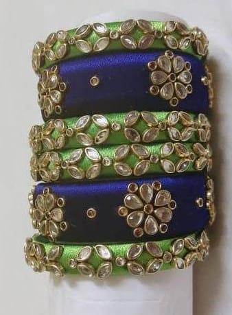 Green and Blue Silk Thread Bangle Set with Kundan Stones
