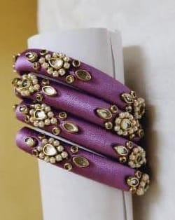 Set of 4 Bangle Bangles with Stone and Pearl Embellishment - Light Purple