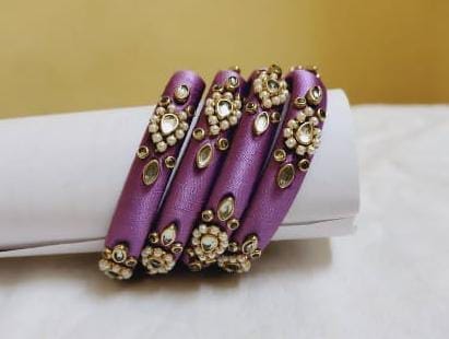 Set of 4 Bangle Bangles with Stone and Pearl Embellishment - Light Purple