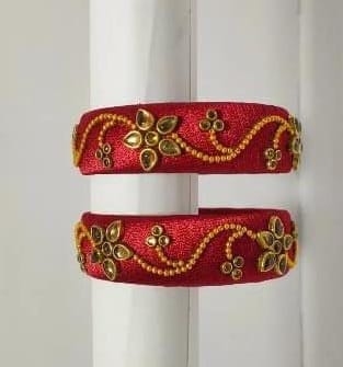 Red and Gold Silk Thread Bangles with Floral Design