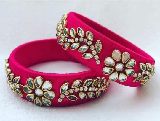 Pink Silk Thread Bangle Set with Kundan Stones