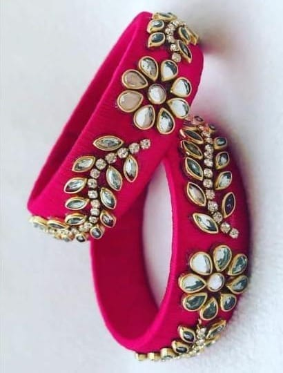 Pink Silk Thread Bangle Set with Kundan Stones