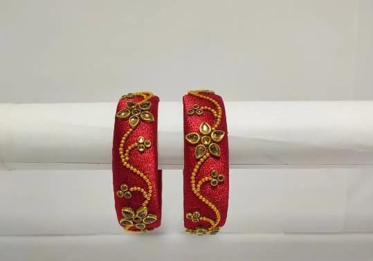 Red and Gold Silk Thread Bangles with Floral Design