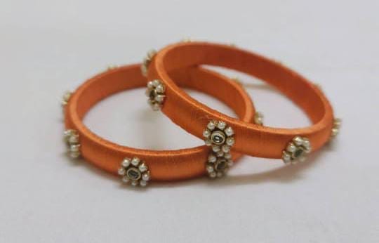 Orange Silk Thread Bangle Set with Pearl Beads