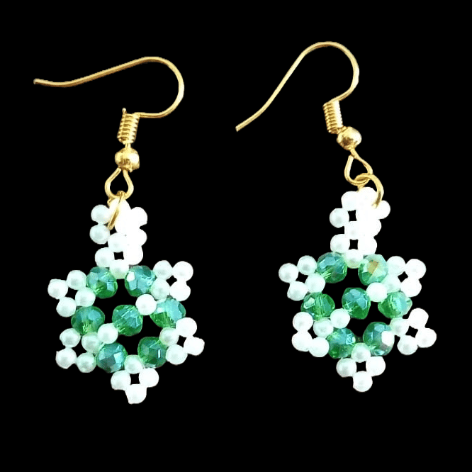 Green and White Beaded Snowflake Earrings