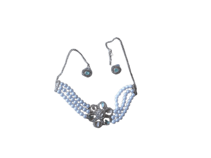 White Pearl and Rhinestone Flower Choker Necklace and Earrings Set