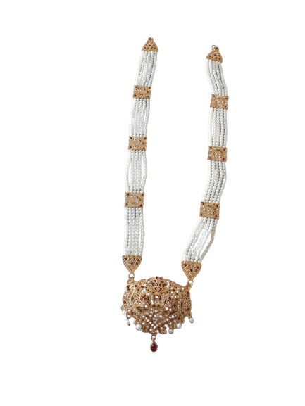 Exquisite Pearl and Gold Plated Haram Necklace with Floral Pendant