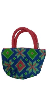 Small Blue and Green Handbag with Red Handles