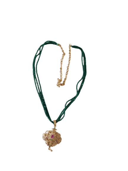 Gold Plated Traditional Indian Necklace Set with Green Beads and Pink Stone Pendant