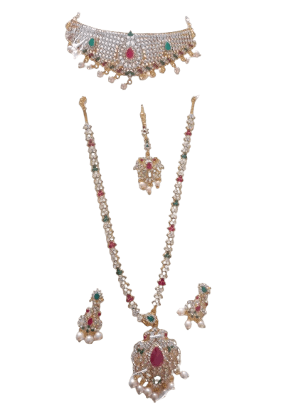 Bridal Gold Plated Kundan Necklace Set With Earrings And Maang Tikka