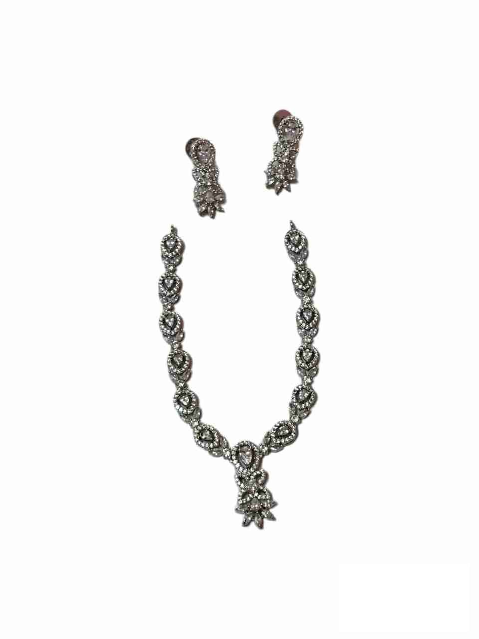 American Diamond Necklace Set with Earrings in Silver Finish