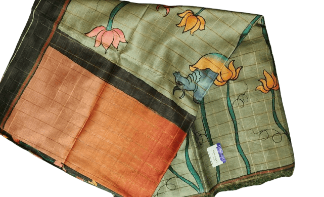 Green and Orange Handloom Pure Katan Silk Saree With Blouse Piece - Sarees | Buy online on ZillyBuy