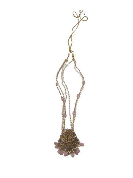 "Exquisite Pearl and Pink Stone Pendant Necklace with Golden Beads"