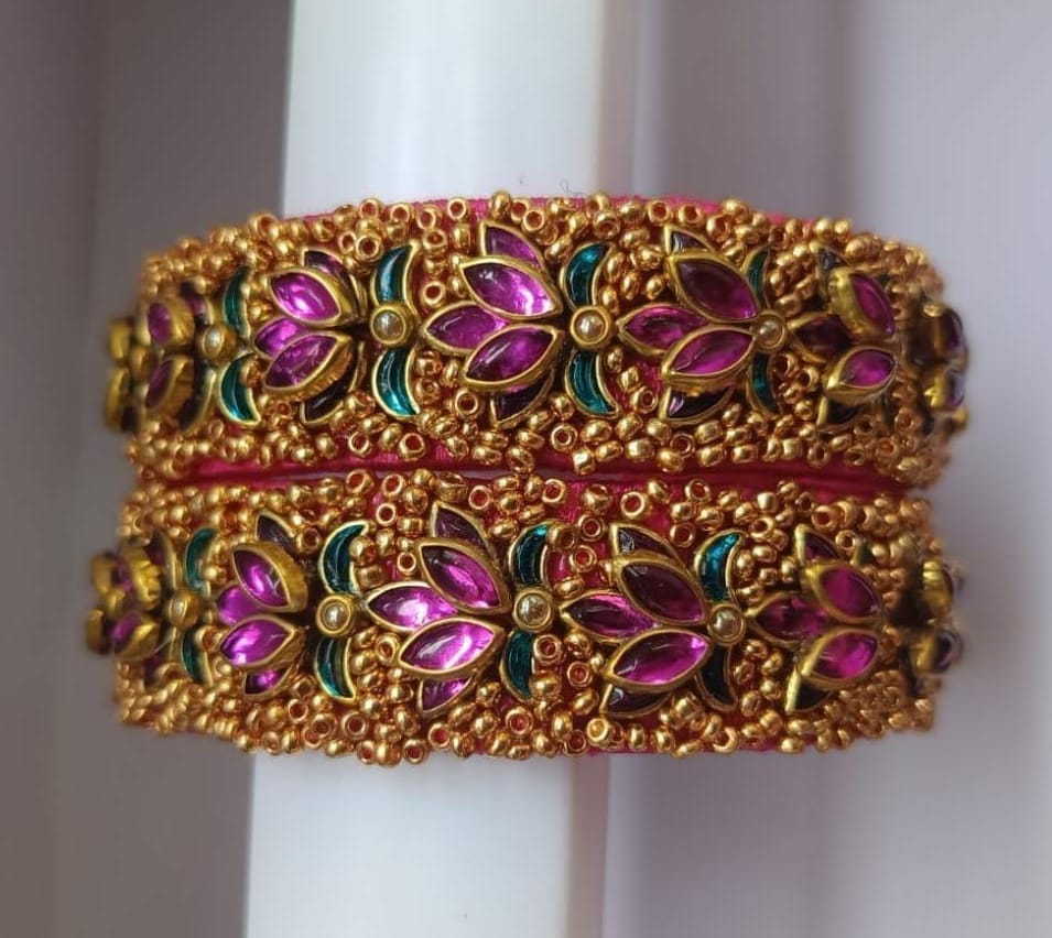 Gold Plated Pink Bangle Set with Intricate Stone Work