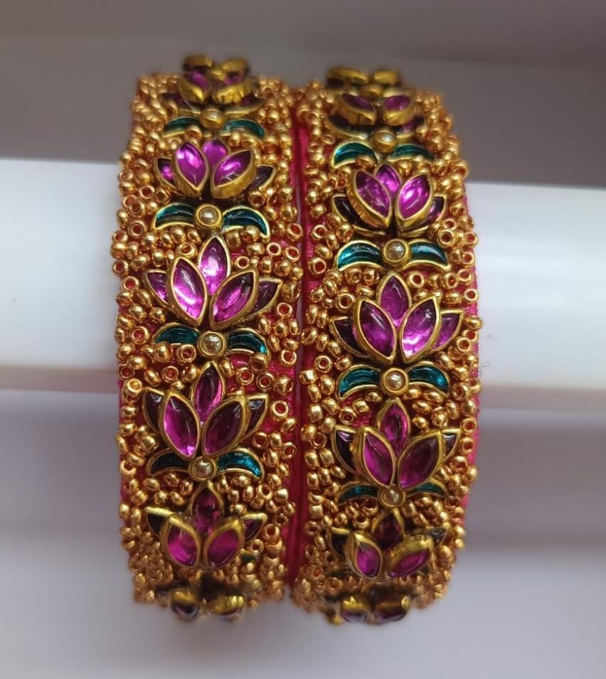 Gold Plated Pink Bangle Set with Intricate Stone Work