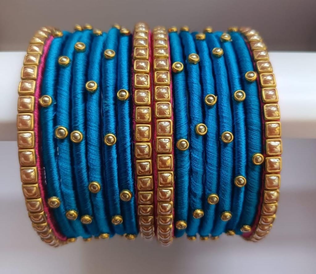 Set of 14 Designer Silk Thread Bangle With Golden Beads