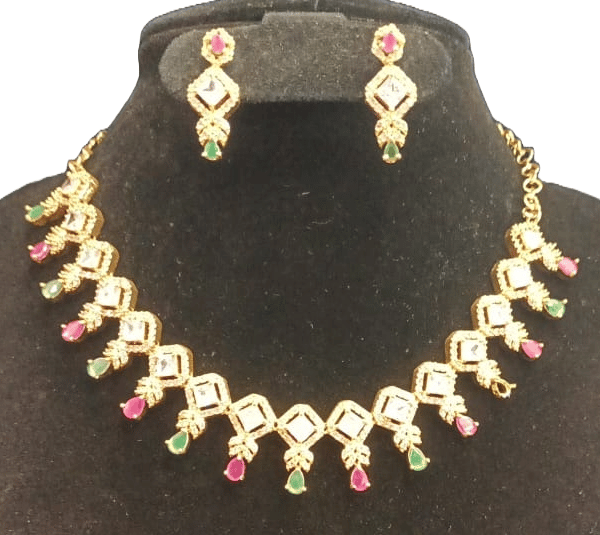 American Diamond Necklace Set With Earrings In Gold Plated