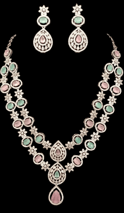 Stunning rhodium plated AD stone necklace set with mint green and pink stones