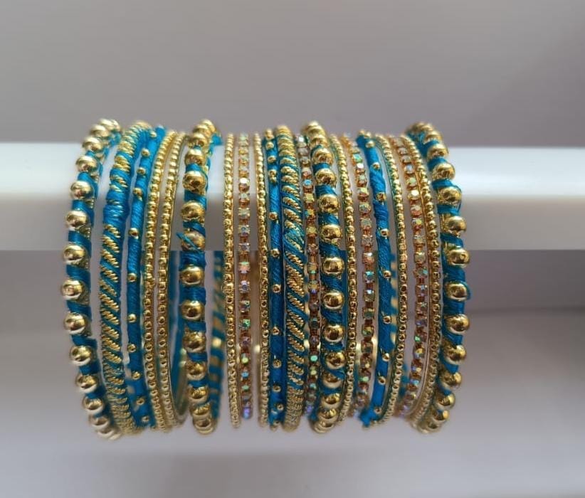 Set of 18 Blue and Gold Bangles with Rhinestones