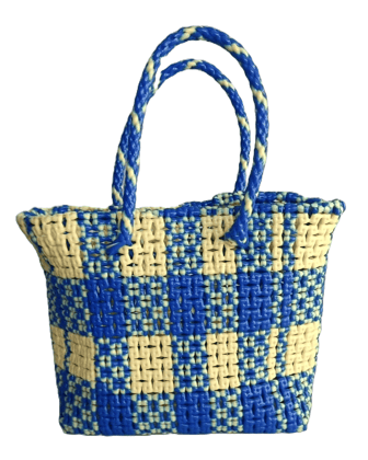 Handwoven Blue and Cream Checkered Market Tote Bag with Double Handles