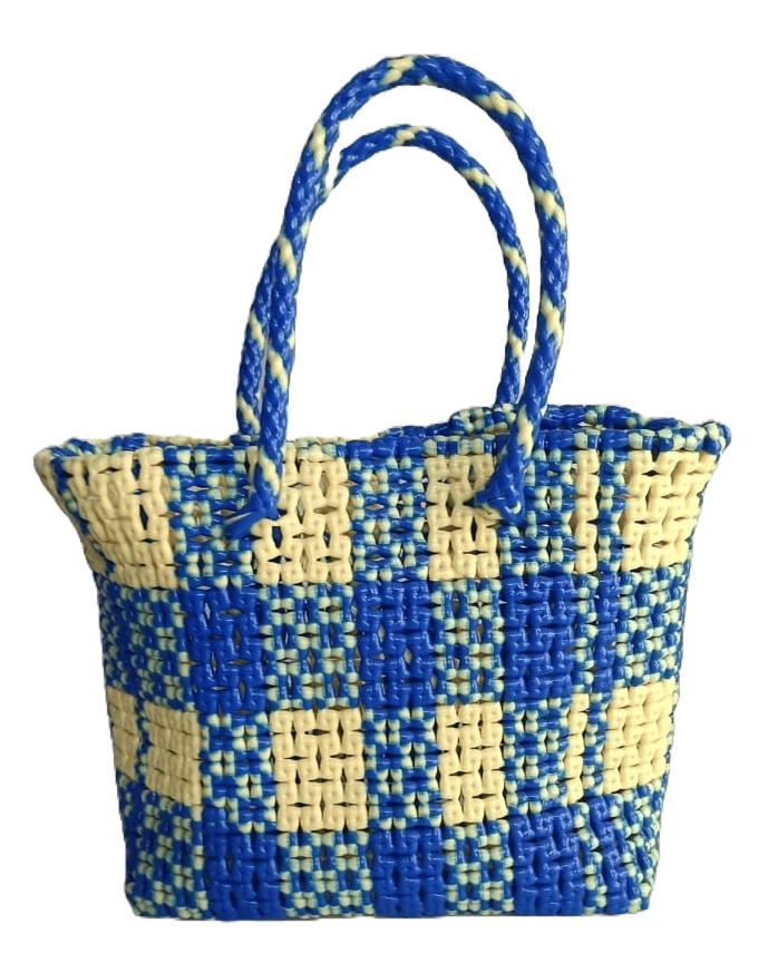 Handwoven Blue and Cream Checkered Market Tote Bag with Double Handles