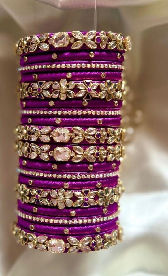 Stunning Purple Silk Thread Bangle Set with Kundan and Pearl Embellishment