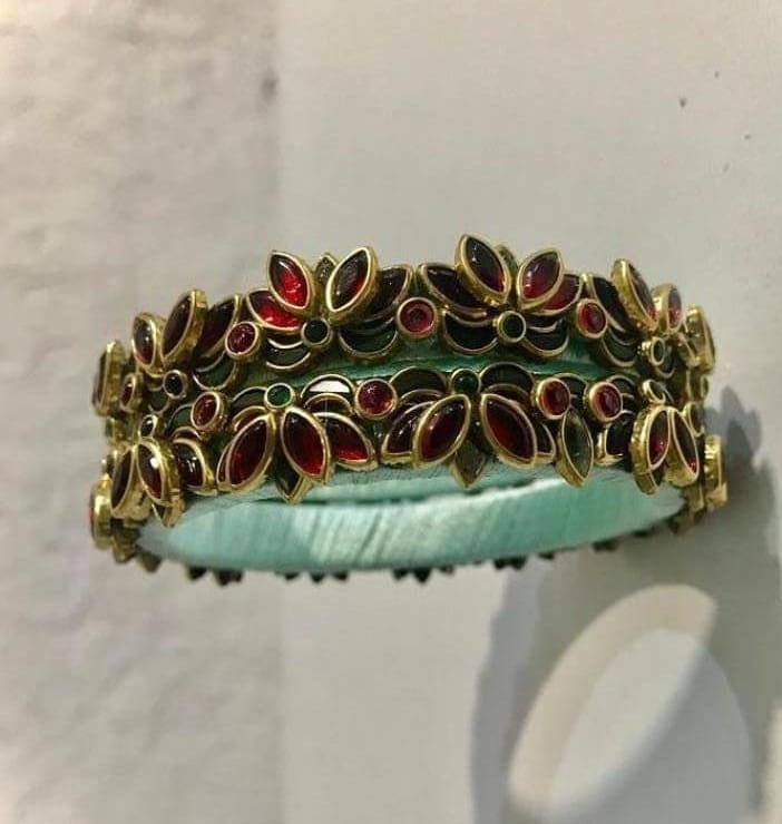 Gold Plated Traditional Indian Bangle Set with Red and Green Stones