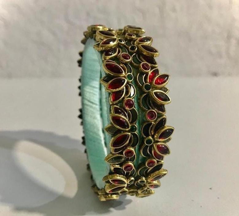 Gold Plated Traditional Indian Bangle Set with Red and Green Stones
