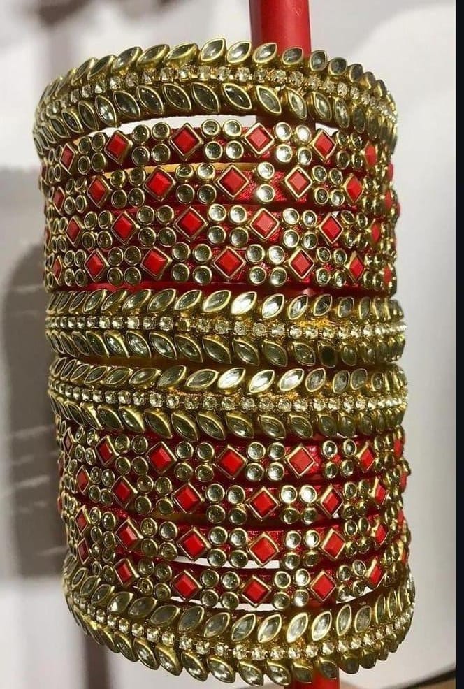 Bridal Chura Set with Red Stones and Gold Plating