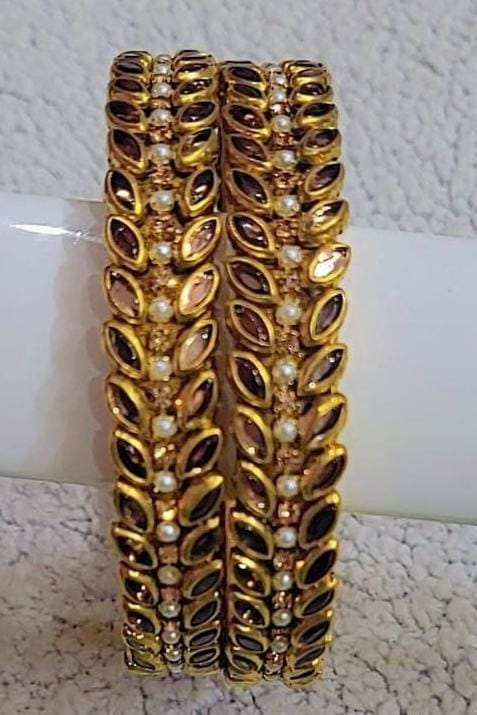 Exquisite Pearl and Gold Bangle Set with Maroon Stones