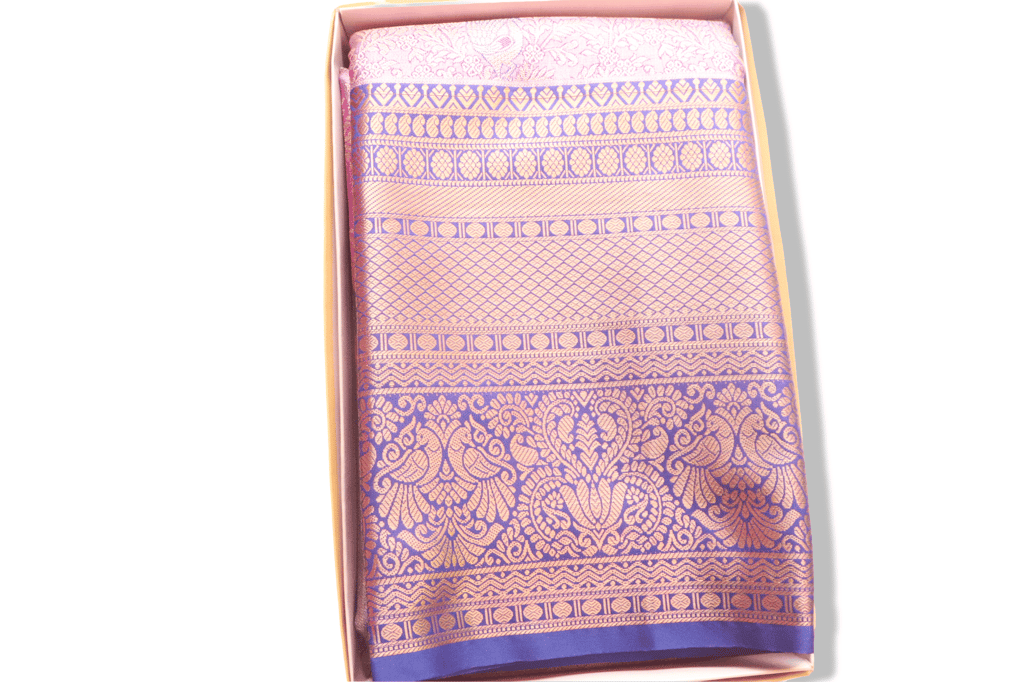 Pink Saree With Golden Peacock Motifs