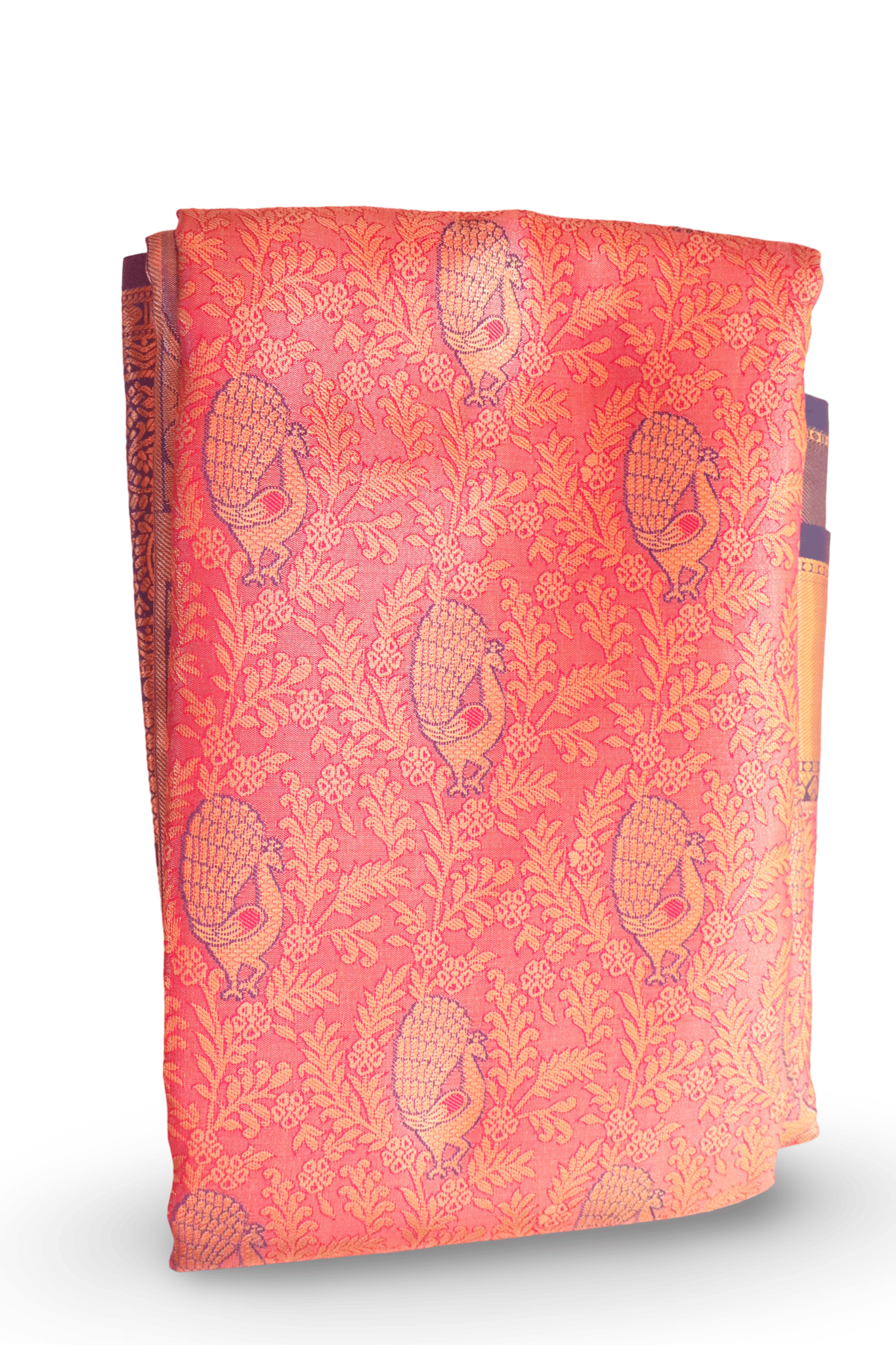 Pink Saree With Golden Peacock Motifs