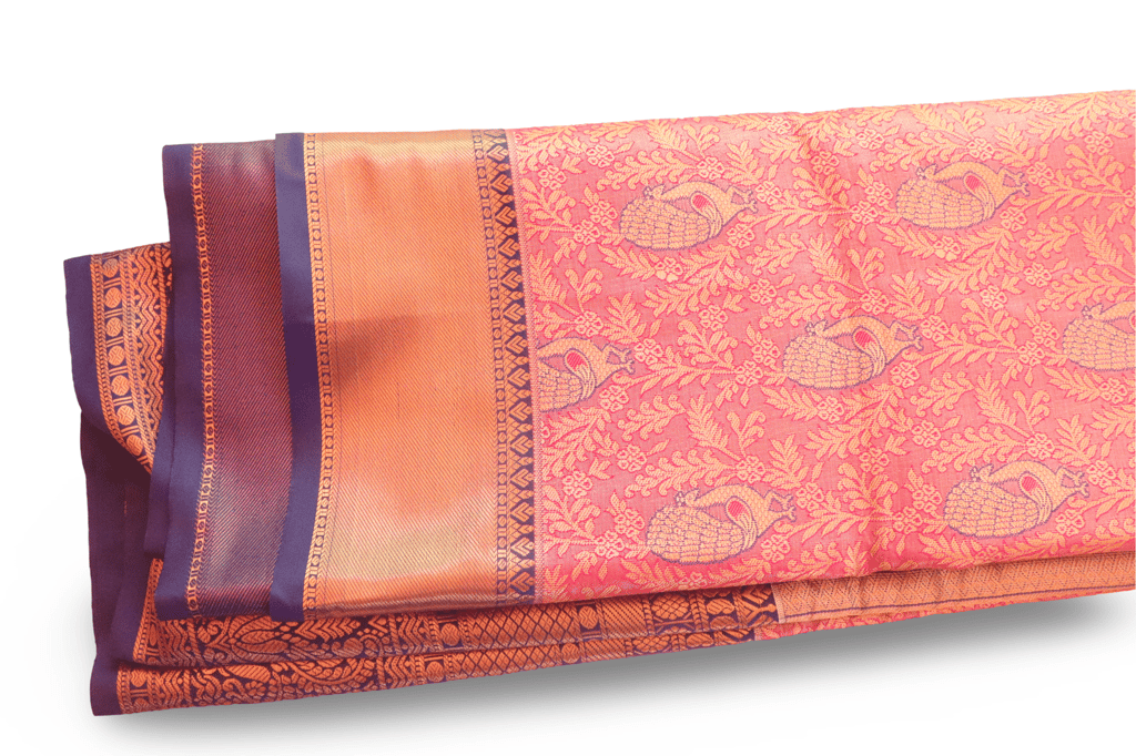 Pink Saree With Golden Peacock Motifs