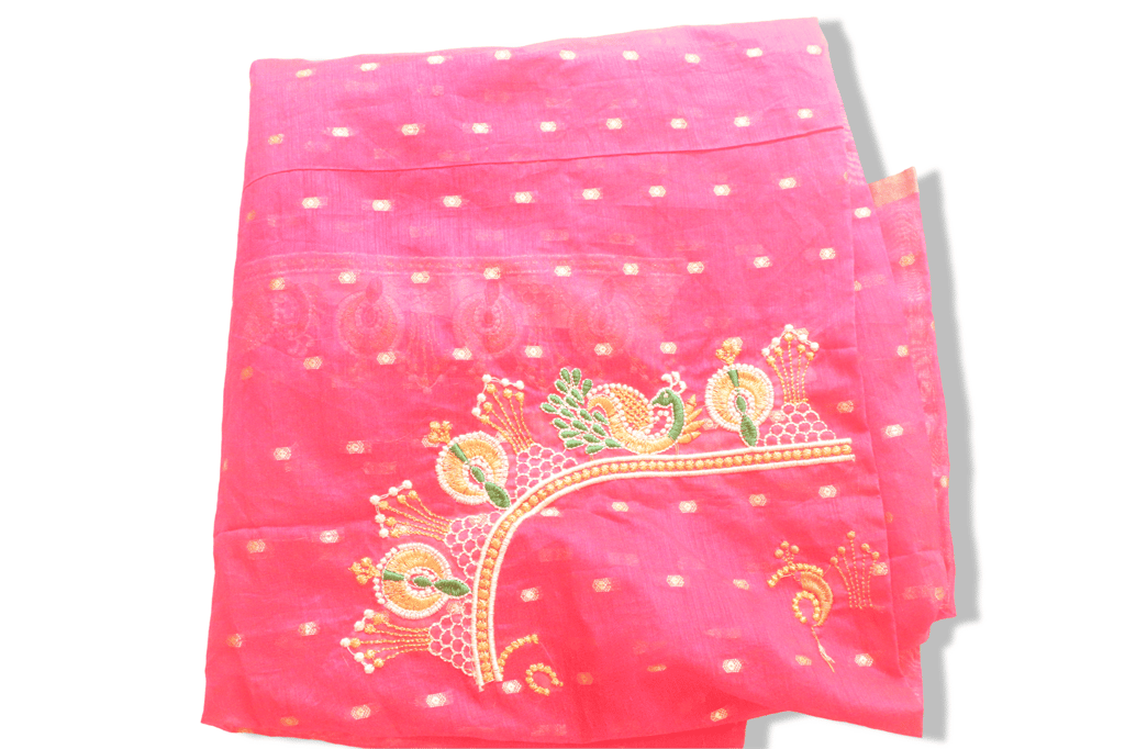 Hand Embroidered Pink Saree Blouse with Peacock and Floral Motifs