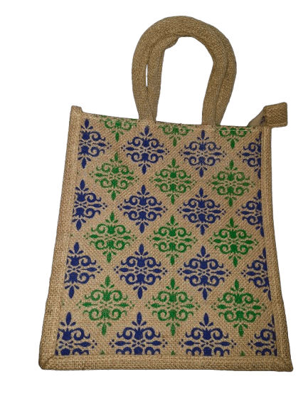 Handmade Jute Bag with Blue and Green Floral Print - Handbags | Buy online on ZillyBuy