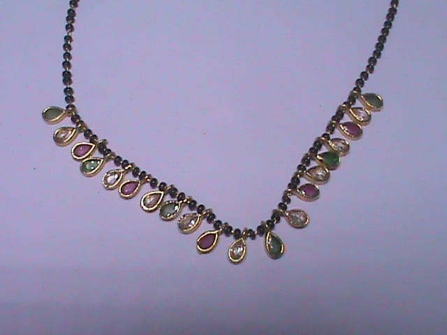 Gold Plated Black Beads and Tear Drop Stones Necklace