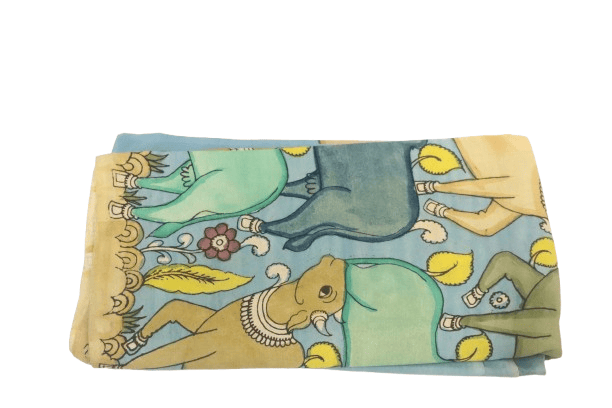 Kalamkari hand made Blue Hand Painted Cotton Saree with Madhubani Art