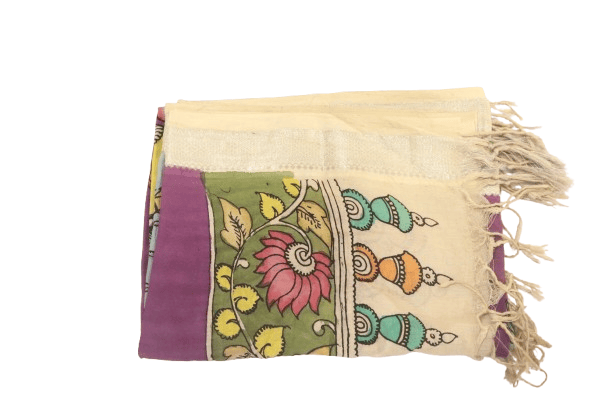 Hand painted Madhubani cotton silk dupatta with parrots and floral motifs
